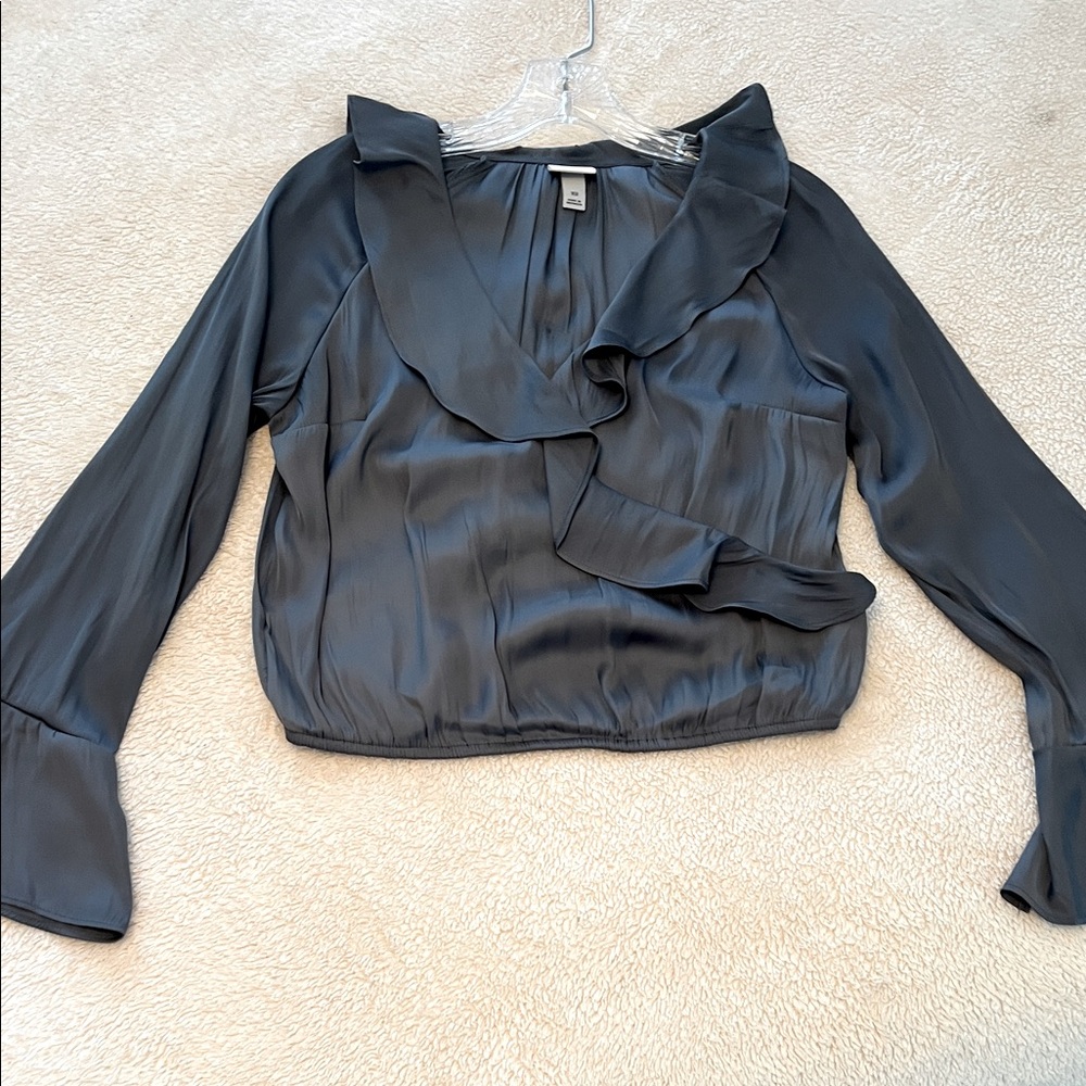 Dark Teal Satin Ruffle Blouse
